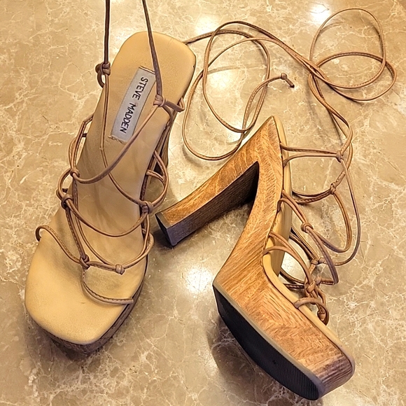 Steve Madden Natural Leather KACY Platform Block Heel Lace-up Sandals, Sz 8.5 - Picture 1 of 17